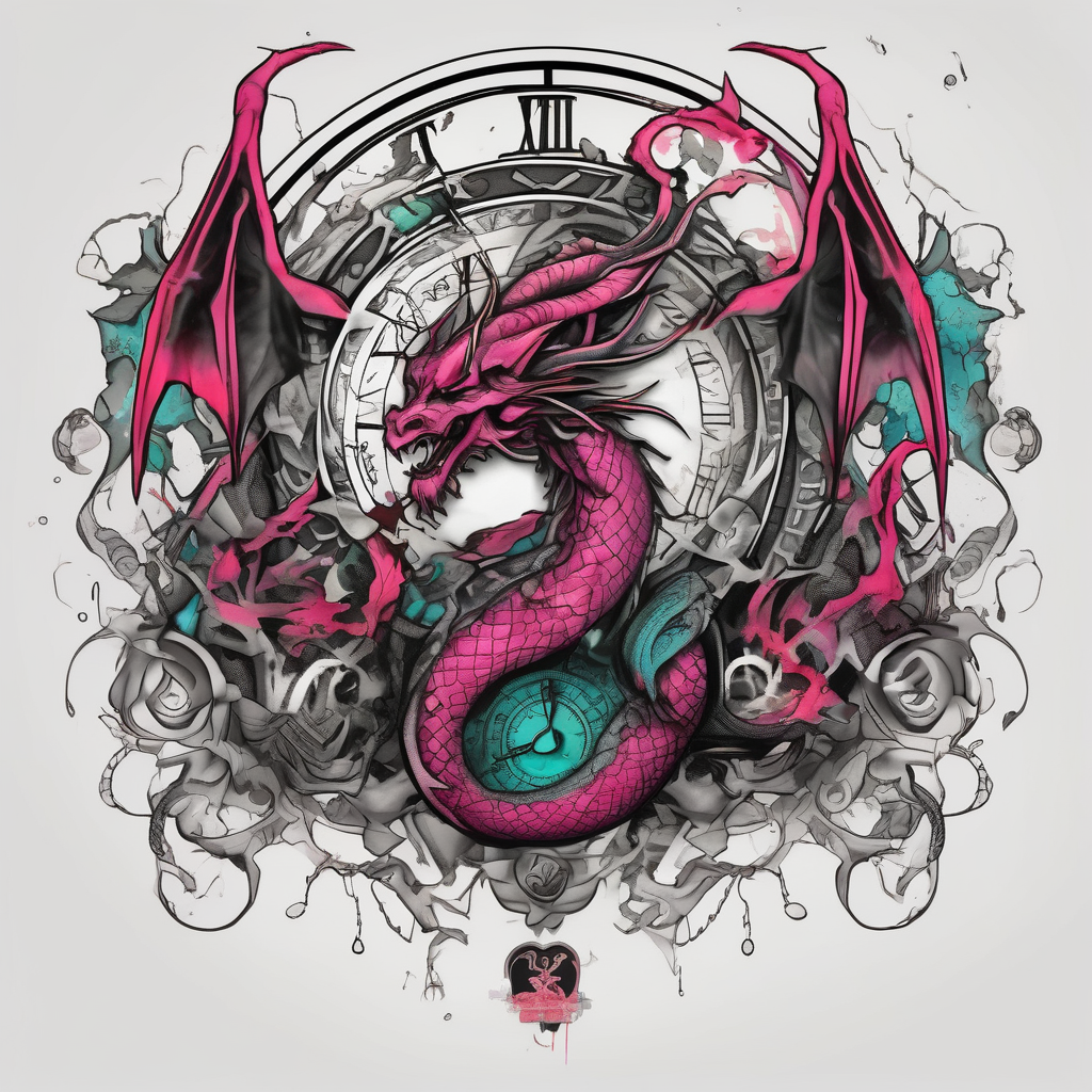 Dark cancer zodiac sign tattoo with dragon, clock and money on background fishing tattoos, design de tatouage Aquarelle généré par IA